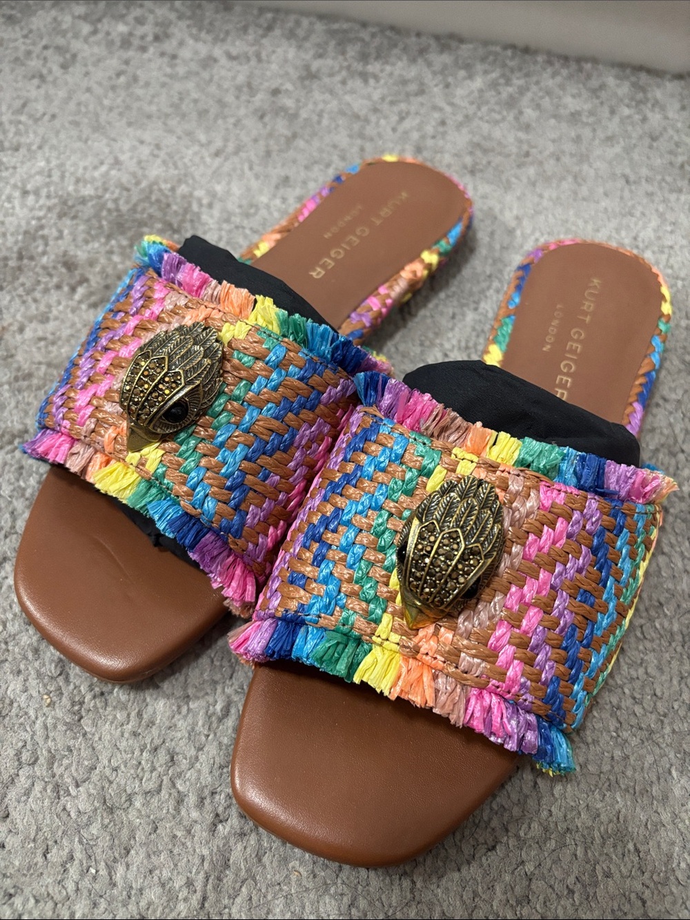 Kurt Geiger Rainbow Crochet Slide Mules with Emblem